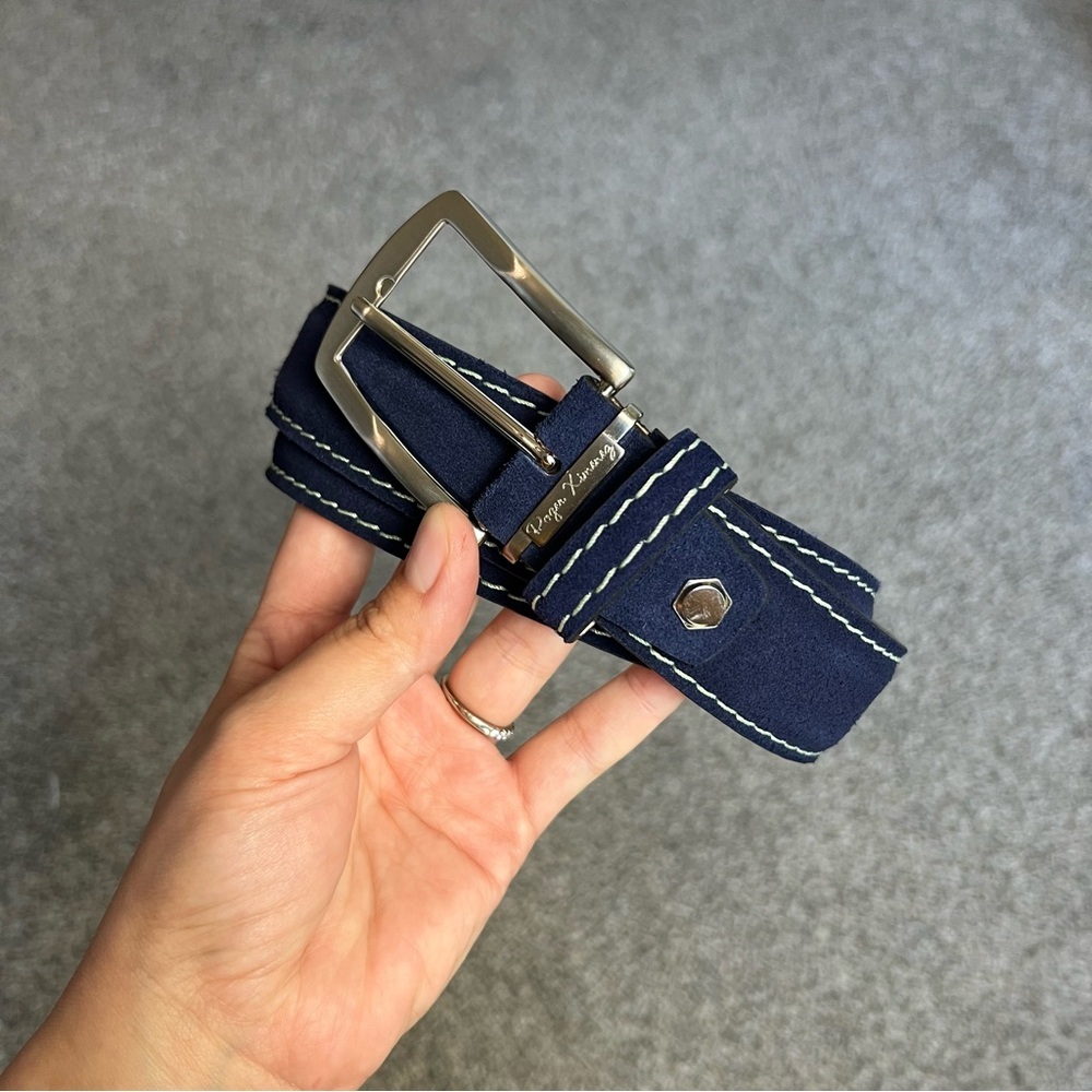Roger Ximenez Blue Suede Sage Green Stitching Brass Buckle Made in USA Belt, 40‎